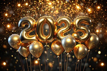 Sticker - Happy New Year 2025. Helium balloons made of gold foil with the numbers 2025 and confetti on a black background. A festive poster or banner for a party and New Year's Eve.