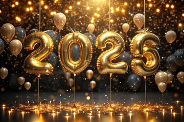 Sticker - Happy New Year 2025. Helium balloons made of gold foil with the numbers 2025 and confetti on a black background. A festive poster or banner for a party and New Year's Eve.