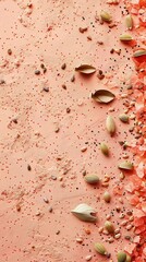 Poster - Flat lay of gardening seeds on pastel peach paper, botanical minimalism, copy space