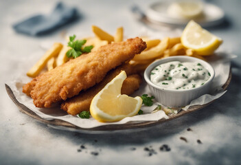 Wall Mural - crispy fish and chips with artisan tartar sauce and a slice of lemon