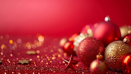 Wall Mural - Festive Red and Gold Christmas Ornaments with Glittering Lights and Bokeh Effect