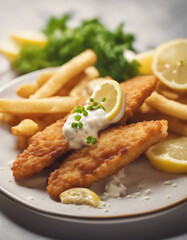 Wall Mural - crispy fish and chips with artisan tartar sauce and a slice of lemon