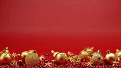 Wall Mural - Golden Christmas Ornaments with Stars and Beads on Red Background