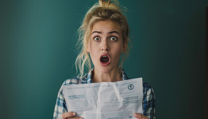 Wall Mural - Young blonde woman looking at the bill with an expression of shock and surprise, holding it in her hands against blue background.