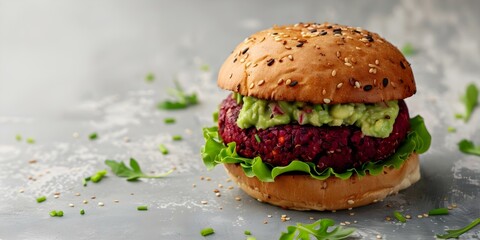 Wall Mural - Gourmet Vegan Burger with Beet Quinoa Patty and Avocado Cashew Cream. Concept Vegan Cuisine, Plant-Based Burgers, Gourmet Cooking, Vegan Ingredients, Meatless Patties