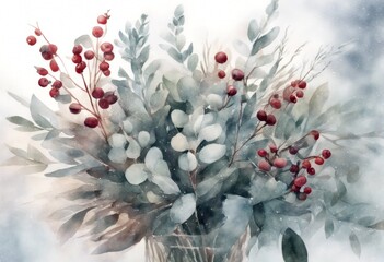 Wall Mural - cranberry elegant nature blossom winter eucalyptus wild floral plants arrangements ethereal leaves watercolor forest branches bouquet mistletoe berry arrangement