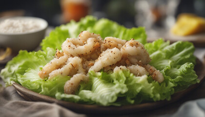 Wall Mural - delicate salt and pepper squid presented on a bed of fresh lettuce, ad shot