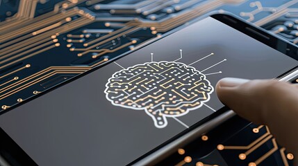 Poster - A finger touches the screen of a smartphone laying on a circuit board with a digital network representation of a brain in the background