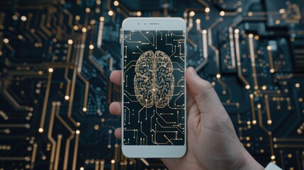 Poster - A finger touches the screen of a smartphone laying on a circuit board with a digital network representation of a brain in the background