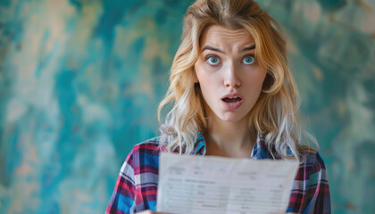 Wall Mural - Young blonde woman looking at the bill with an expression of shock and surprise, holding it in her hands against blue background.