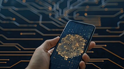 Poster - A finger touches the screen of a smartphone laying on a circuit board with a digital network representation of a brain in the background