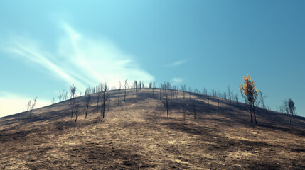 Burnt Hillside Aftermath of Wildfire. the aftermath of a wildfire, showing a hillside covered in burnt trees with a clear line where the fire stopped.