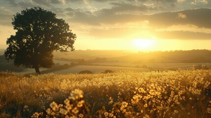 Wall Mural - Golden hour sunlight on peaceful countryside