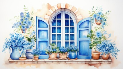 Sticker - A beautiful window with blue shutters