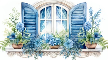 Sticker - A beautiful window with blue shutters 