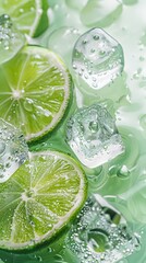 Poster - ice cubes in the water  with lime slices and a green background