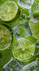 Poster - ice cubes in the water  with lime slices and a green background