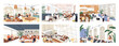 © Good Studio - Restaurant and cafe interiors set. People dining at tables, bar counters, cozy coffeehouses. Customers sitting, eating meals in cafeterias, coffeeshops, coffee houses. Flat vector illustrations