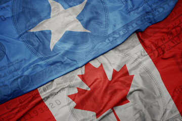 Wall Mural - waving colorful flag of somalia and national flag of canada on the dollar money background. finance concept.