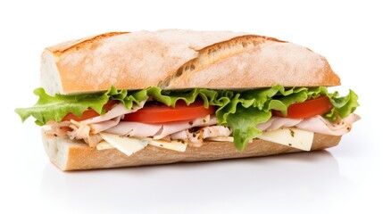 Wall Mural - Fresh sandwich with ham, cheese, tomatoes, fast food on white background, isolate. AI generated.