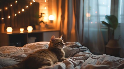 Poster - A tabby cat relaxing on a bed in a cozy bedroom with warm lighting.