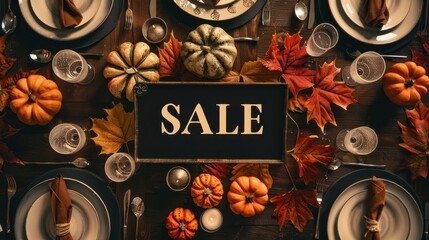 Overhead view of an autumn-themed dinner table, 