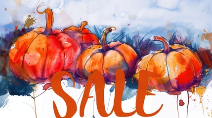 A watercolor-painted background of a pumpkin field at dusk, 