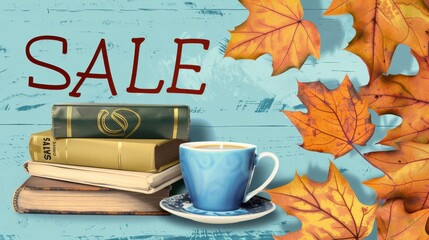 Banner featuring a stack of autumn books and a coffee cup, 