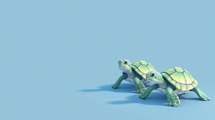 Wall Mural - Three cartoon turtles walk across a blue background.