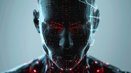 Poster - A 3D rendering of a human face with glowing blue lines and points, suggesting the concept of artificial intelligence.