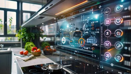 Poster - A futuristic kitchen, showcasing smart home technology with a digital display featuring various icons, and data.
