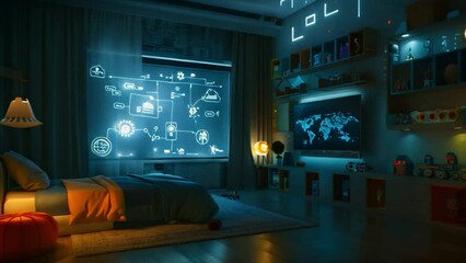 Poster - A modern bedroom with a large flat-screen television displaying a world map, a bed with colorful bedding, and a large screen showing a smart home system diagram.