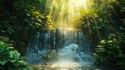 Defocused waterfall in lush green forest