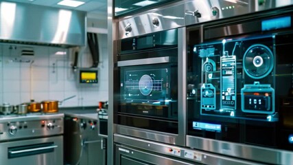 Poster - A close-up of a commercial oven with a digital interface in a modern kitchen. The ovens display shows icons and data about its settings and operation.