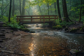 Wall Mural - A scenic hiking trail through a dense forest, with sunlight filtering through the trees and a wooden bridge over a bubbling stream. 