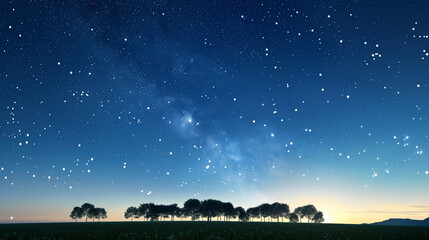 Blue dark night sky with many stars above field of trees