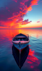 Wall Mural - A boat is floating on a calm lake at sunset