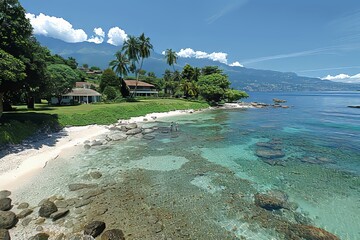 Wall Mural - Tranquil Beach Scene on a Sunny Day With Palm Trees and a Mountain View