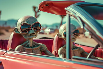Wall Mural - two aliens with sunglasses in the convertible red car. 