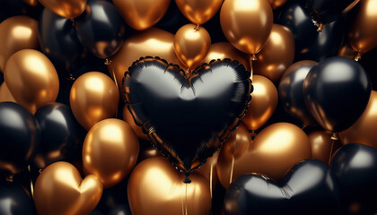 Sticker - Multicolored Balloon Love Heart. Black and Gold Balloons arranged in a heart shape. 3D Render.