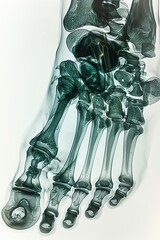 A closeup Xray of a foot, with visible metatarsals and phalanges, against a solid white background