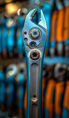 A blue and silver tool with a black handle. The wrench is in a blue and orange background