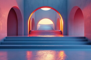 Wall Mural - Minimalistic blue and pink architectural render with arches, stairs, and glowing light. Ideal background for product display, presentations, and futuristic concepts.