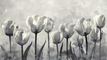 Canvas Print - Vintage Style Gray Painted Tulip Flowers on Light Background