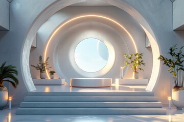 Wall Mural - Futuristic and minimalist interior design with round shapes, podium, glowing ring light, and large window. Ideal background for product placement.