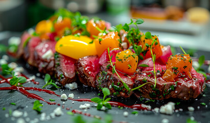 Wall Mural - A plate of meat with a garnish of vegetables and herbs