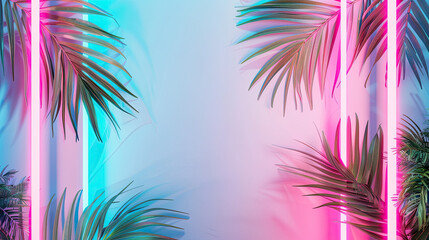 Wall Mural - Futuristic Summer Beach Party with Bright Neon Lights and Tropical Palms