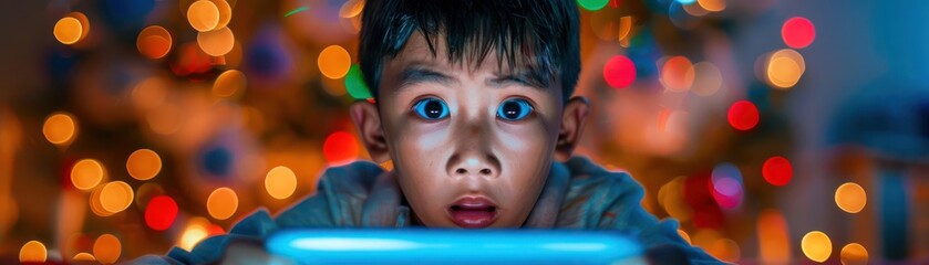 A Young Boy's Stunned Reaction to a Tablet Screen, Shocked, Amazed, and Filled with Wonder, Digital Device, Surprising Moment, Child, Technology, Expression, Gadget