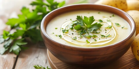 Wall Mural - Indulge in a comforting bowl of potato soup with fresh herbs. Concept Delicious Potato Soup, Homemade Comfort Food, Fresh Herbs, Creamy Broth, Cozy Meal