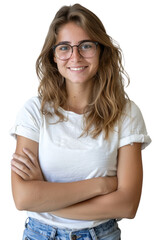 Wall Mural - blonde young woman with glasses in jeans and casual white top isolated on white or transparent png